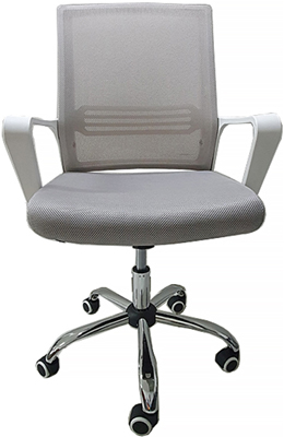 silla secretarial color blanco con ruedas y respaldo tapizado en malla color gris