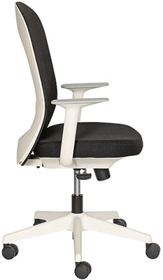sillas operativas en color blanco con tapicería en color negro y mecanismo reclinable con pistón neumático de gas giratorio 360