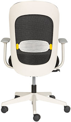 sillas operativas en color blanco con tapicería en color negro y mecanismo reclinable con pistón neumático de gas y respaldo tapizado en malla con soporte lumbar ajustable
