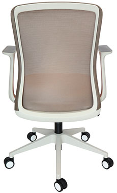 sillas operativas para oficina blancas con mecanismo reclinable y respaldo tapizado en malla color gris y ajuste por medio de pistón neumático de gas con 50000 ciclos de uso continuos