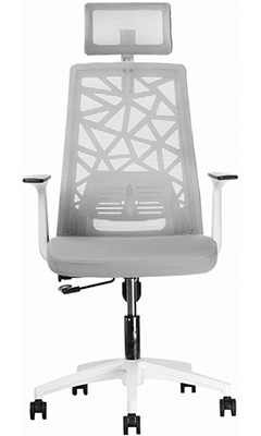 sillón ejecutivo blanco con cabecera y respaldo tapizado en malla color gris con mecanismo reclinable