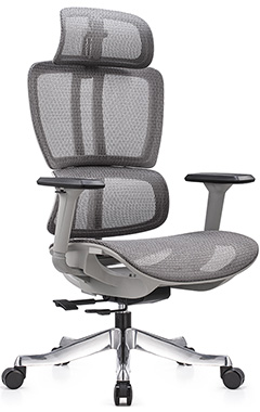 sillón ejecutivo con asiento respaldo y cabecera tapizado en malla color gris con base de aluminio pulido