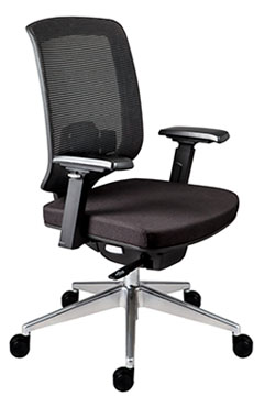 sillón semi ejecutivo con asiento deslizante respaldo tapizado en malla mecanismo synchro dos palancas y base de aluminio pulido con rodajas y descasa brazos ajustables