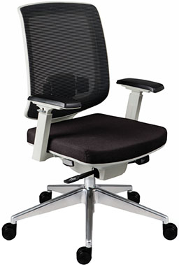 sillón semi ejecutivo con asiento deslizante respaldo tapizado en malla mecanismo synchro dos palancas y base de aluminio pulido con rodajas