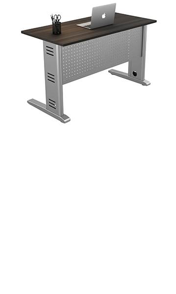 escritorio secretarial con patas metálicas y faldón metálico perforado