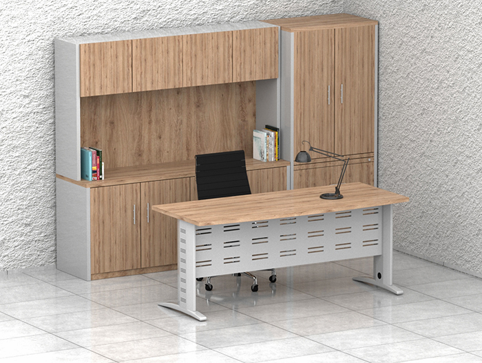 escritorio directivo para oficina con credenza librero de sobreponer y librero de pie con puertas y cajones