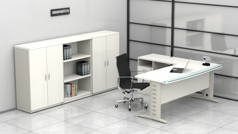 escritorio ejecutivo para oficina color blanco con patas metálicas y cristal templado con libreros medios