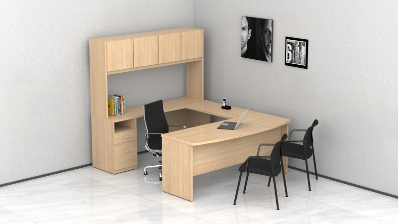 escritorio ejecutivo para oficina con arco al frente con credenza y librero de sobreponer con puertas abatibles
