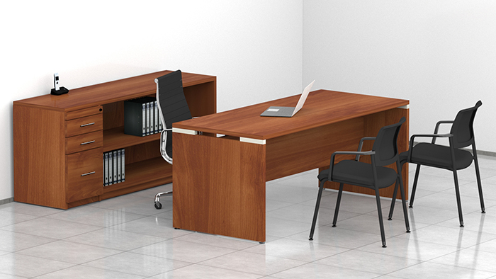 escritorio ejecutivo para oficina con escritorio rectangular con soportes metalicos y credenza para carpetas de contabilidad