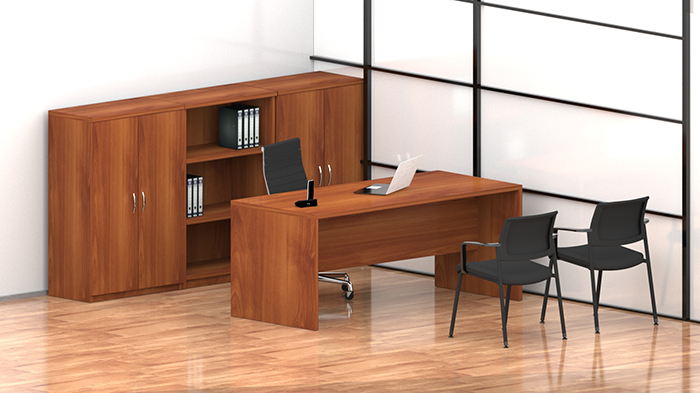 escritorio ejecutivo para oficina con escritorio rectangular y libreros medios con puertas y entrepanos