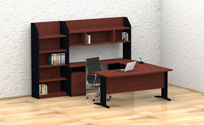 escritorio ejecutivo para oficina con escritorio semi rectangular con patas metalicas credenza librero de sobreponer y librero abierto con entrepaños