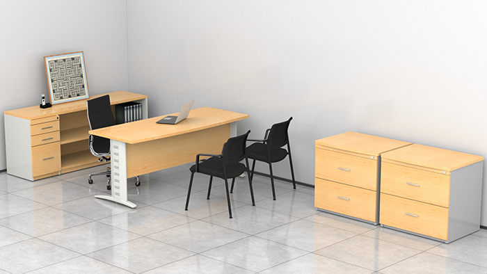 escritorio ejecutivo para oficina con escritorio semi rectangular y patas metalicas con credenza