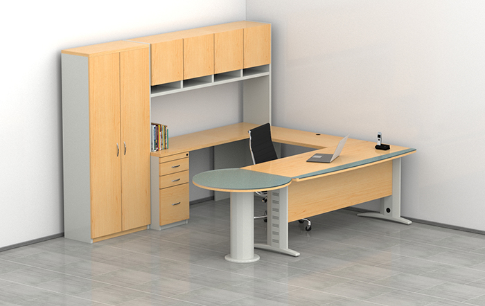 escritorio ejecutivo para oficina con escritorio tipo peninsula con extensiones de cristal templado y librero de pie con puertas abatibles