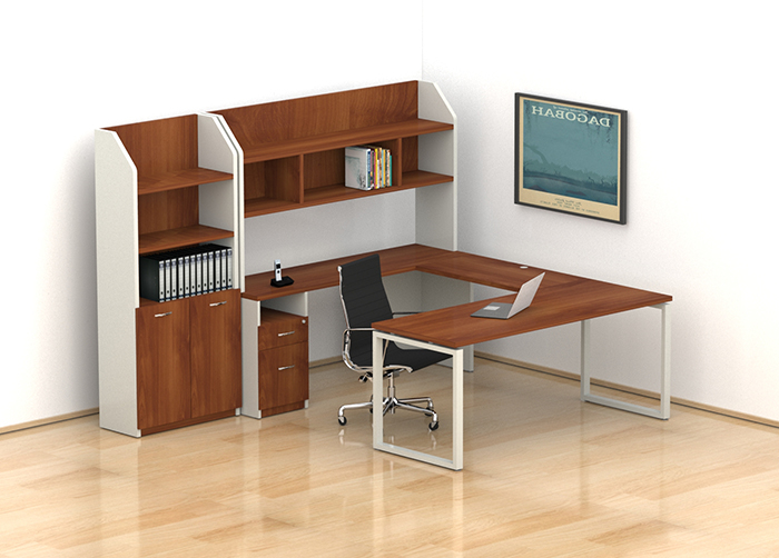 escritorio ejecutivo para oficina con patas metalicas cuadradas y librero de pie con puertas inferiores