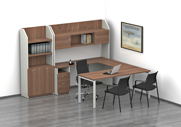 escritorio ejecutivo para oficina con patas metalicas y librero de pie con puertas inferiores