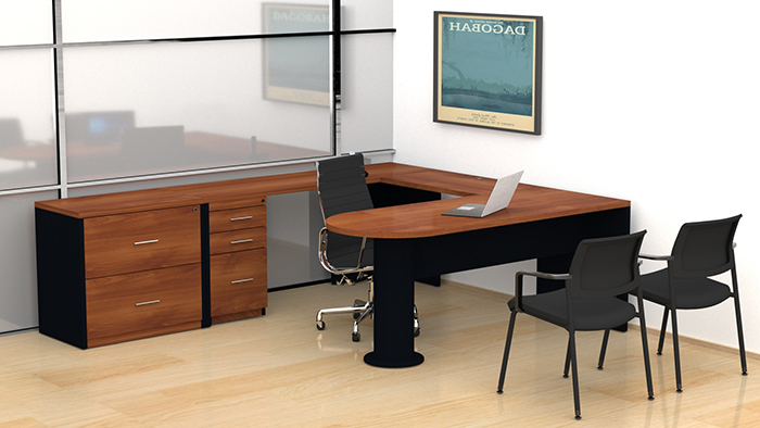 escritorio ejecutivo para oficina en forma de L con cajones y archivero horizontal