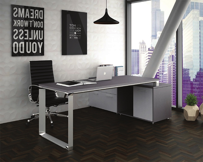 escritorio ejecutivo para oficina en forma de escuadra con estructura triangular de aluminio