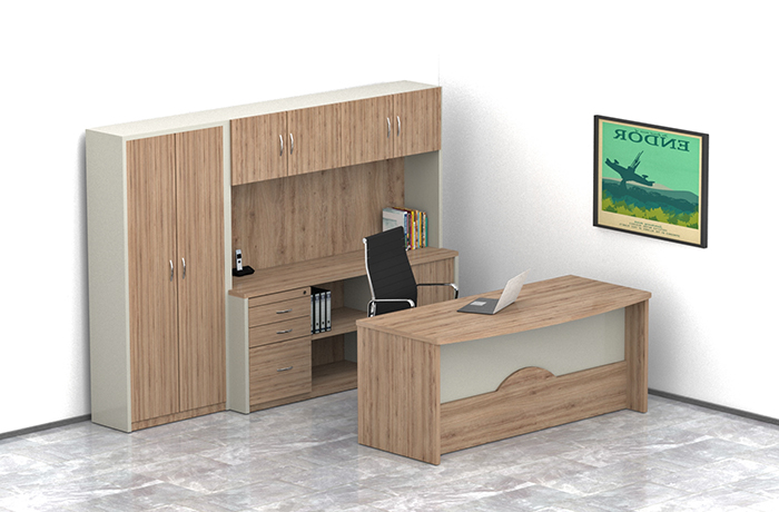 escritorio ejecutivo para oficina rectangular con credenza librero sobre credenza y librero de pie con puertas abatibles