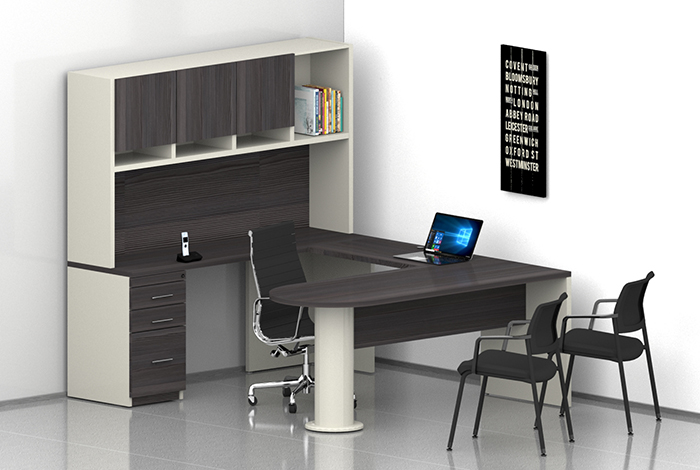 escritorio ejecutivo para oficina tipo bala y soporte metálico con credenza y librero de sobreponer con puertas abatibles y corte curvo