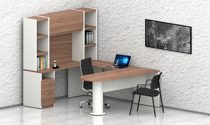 escritorio ejecutivo para oficina tipo peninsula con lateral puente conector y librero de sobreponer con puerta rectractil y entrepaños
