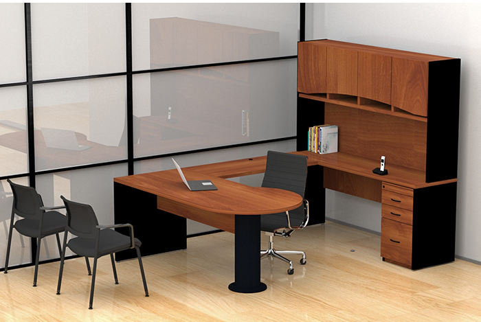 escritorio ejecutivo para oficina tipo punto con cilindro metálico lateral puente conector y librero de sobreponer con puertas abatibles