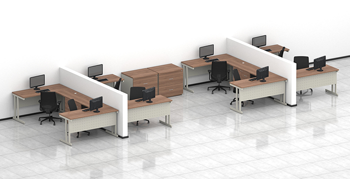 escritorio secretarial para oficina en forma de escuadra con estructura metálica con cajones y cerradura