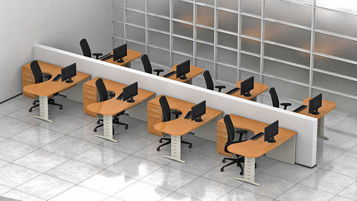 escritorio secretarial para oficina en forma de escuadra con forma de ballena y estructura metálica
