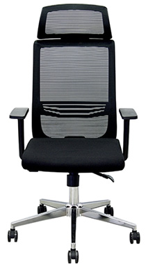 silla ejecutiva con soporte lumbar y cabecera ajustable con detalle de aluminio pulido con descansabrazos ajustables con base metálica cromada con rodajas de nylon