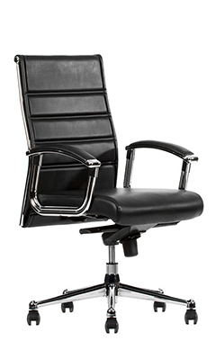 silla ejecutiva para director respaldo bajo con descansa brazos acojinados mecanismo reclinable de rodilla con pistón neumático y base metálica cromada con rodajas