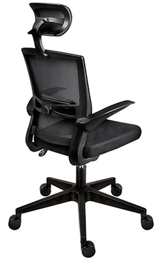 sillas ejecutivas para oficina con descansa brazos o coderas abatibles y cabecera ajustable y respaldo tapizado en malla con soporte lumbar ajustables samos