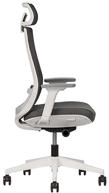silla ejecutiva para oficina en color blanco con gris y respaldo tapizado en malla con soporte lumbar