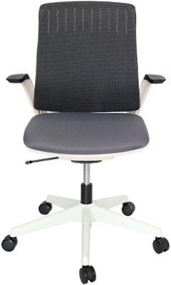 sillas operativas para oficina blancas con mecanismo reclinable y respaldo tapizado en malla color gris y base de cinco brazos con rodajas duales de 60 mm 
