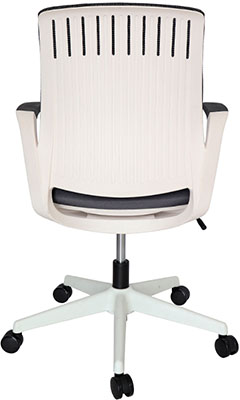 sillas operativas para oficina blancas con mecanismo reclinable y respaldo tapizado en malla color gris y base de cinco brazos con rodajas duales de 60 mm