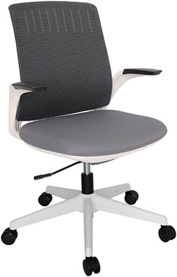 sillas operativas para oficina blancas con mecanismo reclinable y respaldo tapizado en malla color gris y base de cinco brazos con rodajas duales de 60 mm