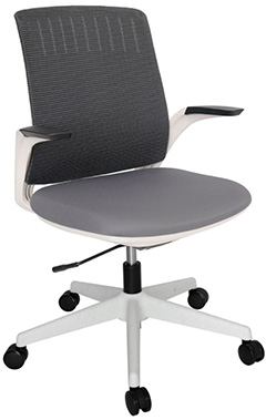 sillas operativas para oficina en color blanco con respaldo tapizado en malla color gris y mecanismo reclinable