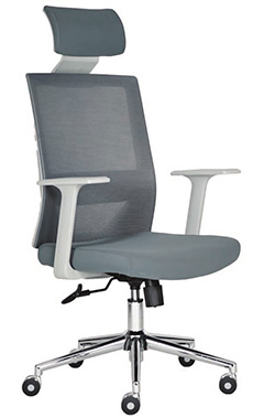 sillas ejecutivas para oficina en color gris con cabecera y base metálica cromada