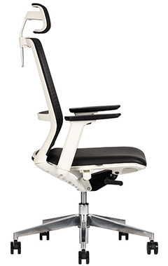 sillón ejecutivo con respaldo tapizado en malla y mecanismos anti shock con mecanismo reclinable y base de aluminio